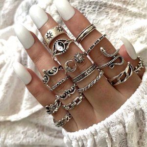 16pcs Antique Silver Ring Set